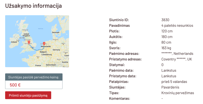 Siūlomos pervežimo kainos forma